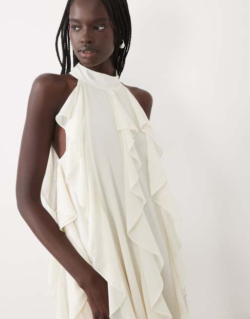 True Decadence High neck ruffle trapeze maxi dress in pale stone, 3 of 4