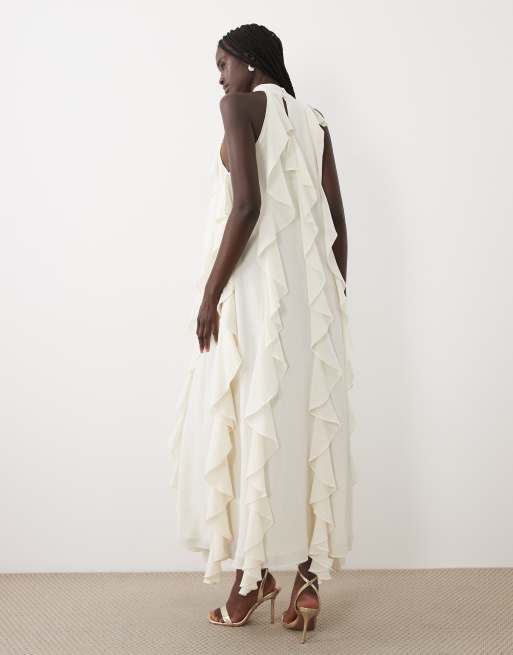 True Decadence High neck ruffle trapeze maxi dress in pale stone, 4 of 4