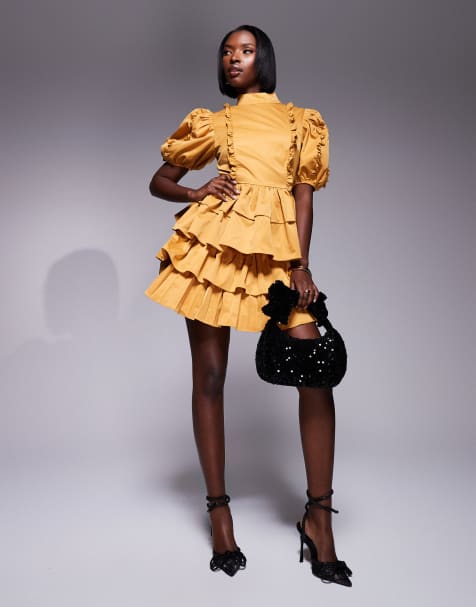 True Decadence High neck statement sleeve mini dress in mustard - view 1
