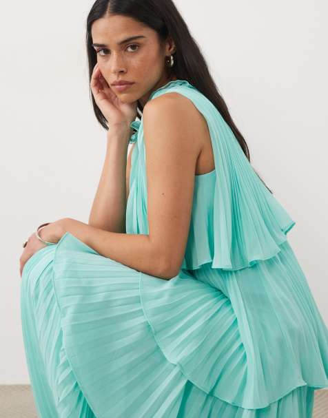 True Decadence High ruffle neck tiered pleated maxi dress in aqua - view 1