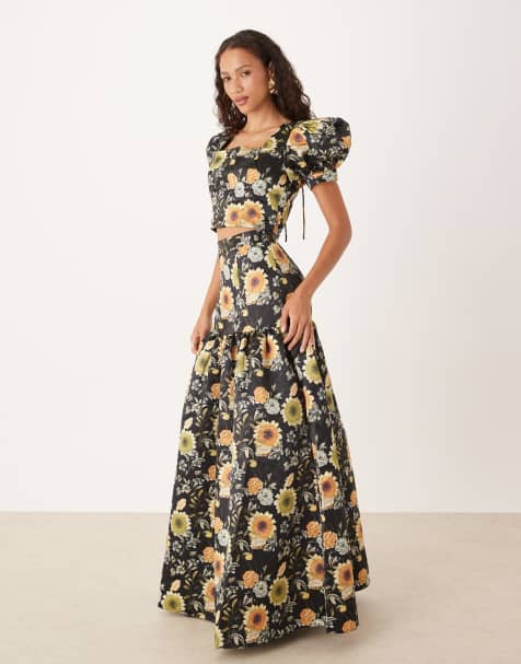 True Decadence High waisted tiered maxi skirt in black mustard flower