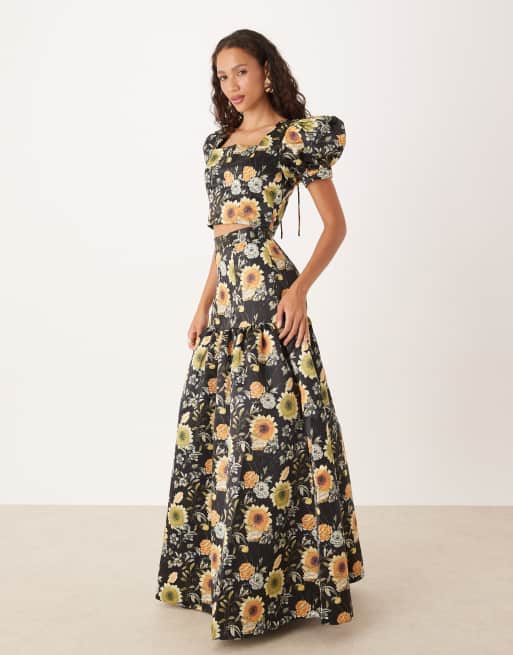 True Decadence High waisted tiered maxi skirt in black mustard flower