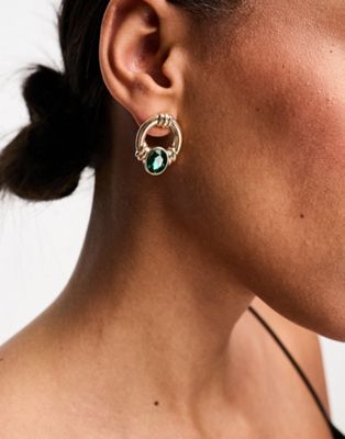 True Decadence hoop stud earrings with green stone in gold