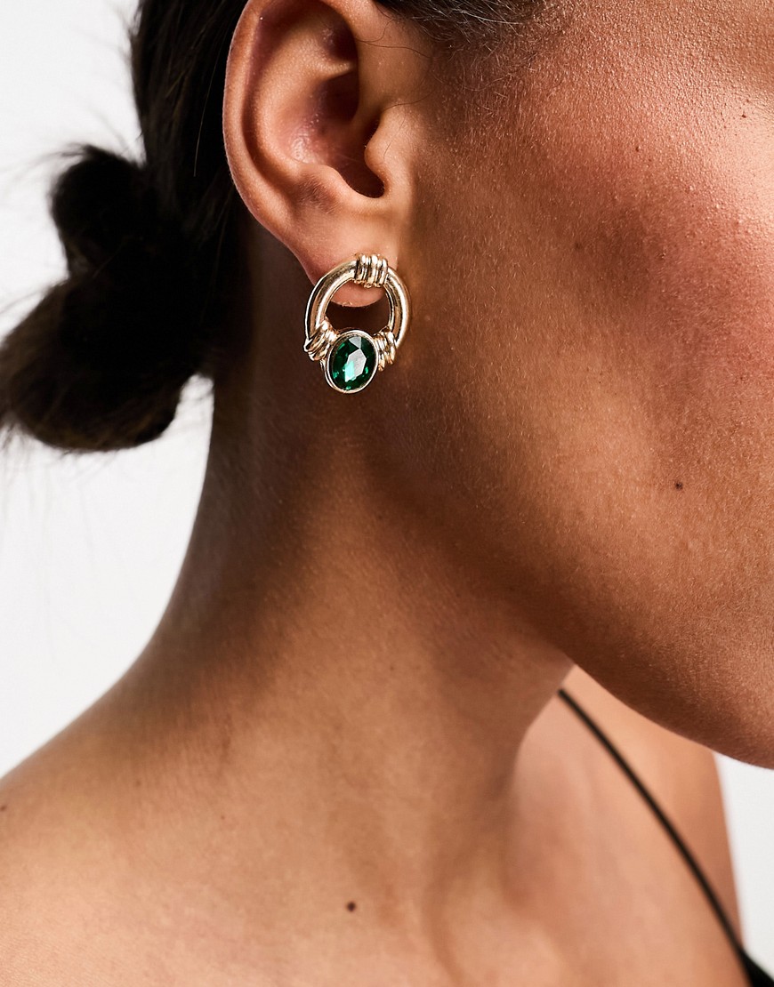 hoop stud earrings with green stone in gold