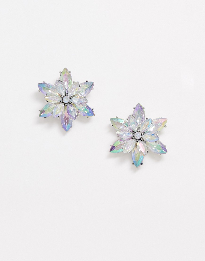True Decadence iridescent floral crystal stud earrings-Silver