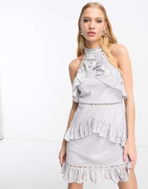 True Decadence jacquard dress with ruffles in light gray - view 1