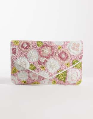True Decadence - Kuvert-Clutch in Rosa mit Blumenverzierung