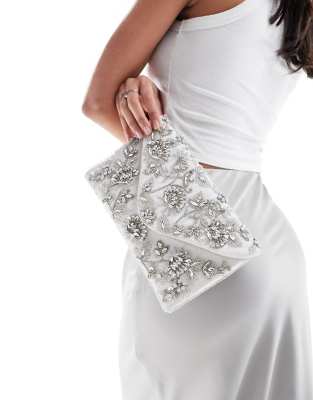 True Decadence - Kuvert-Clutch in Silber mit Blumenverzierung