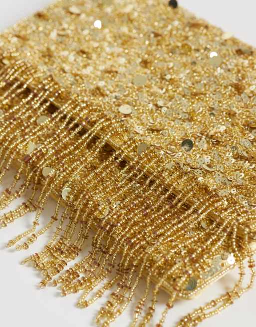 True Decadence kuvertclutch med perlepyntede frynser i guld, 3 af 4