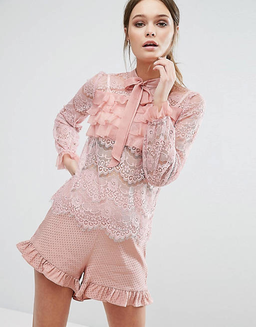 True Decadence Lace All Over Ruffle Blouse
