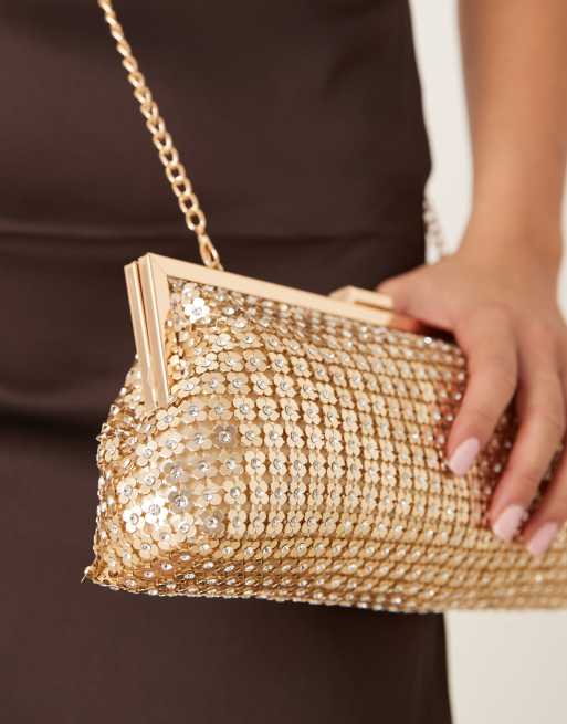 True Decadence - Lang guldfarvet clutch-taske med blomstret pailletmønster, 2 af 4