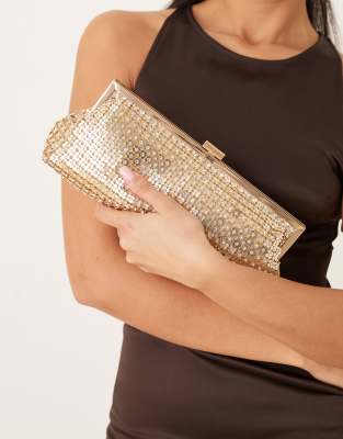 True Decadence - Lange Clutch in Gold mit floralem Paillettenbesatz-Goldfarben