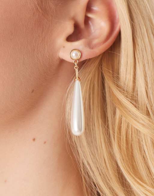 True Decadence long faux pearl drop earrings in gold tone, 2 of 3