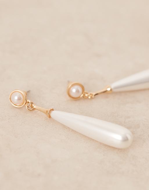 True Decadence long faux pearl drop earrings in gold tone, 3 of 3