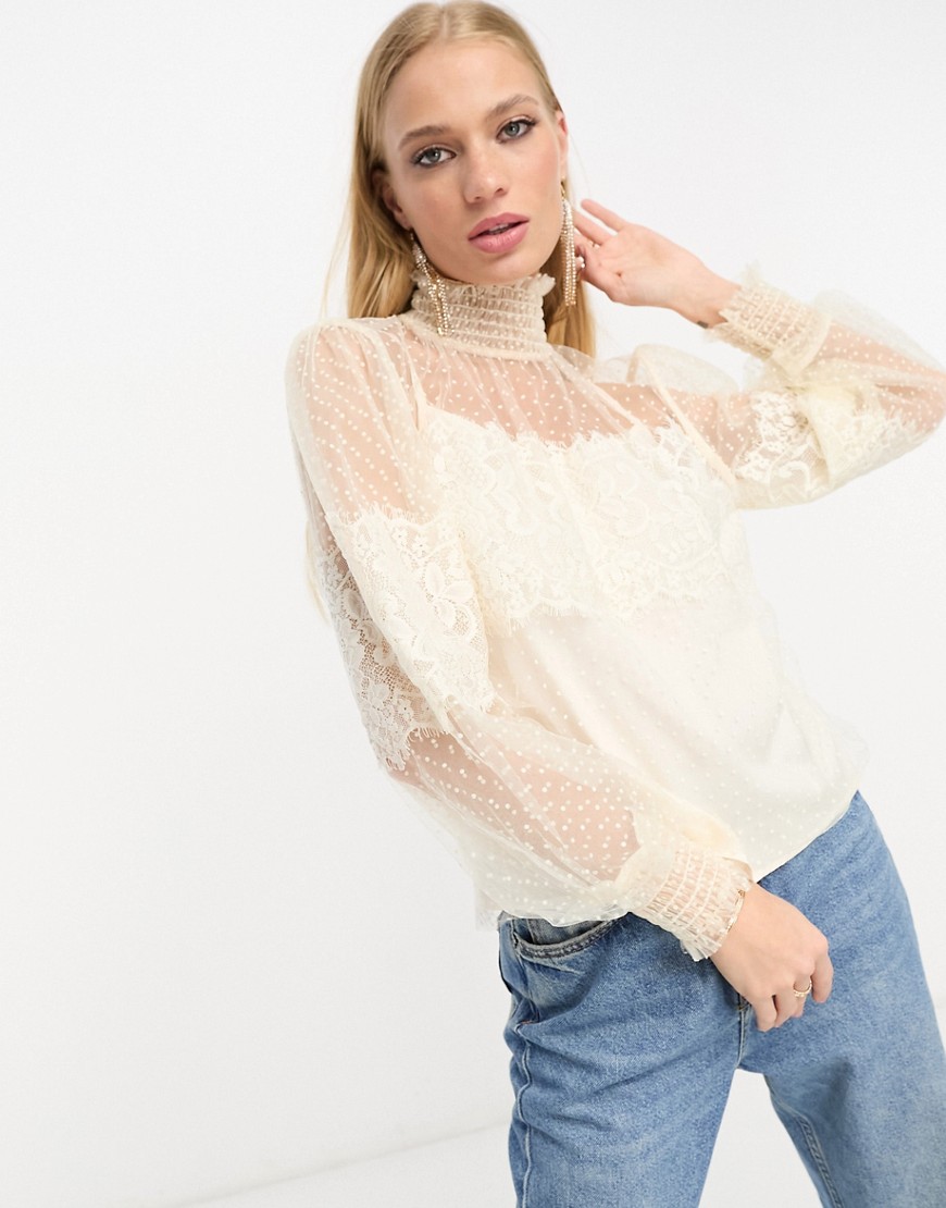 True Decadence long sleeve sheer top with lace overlay in cream-White