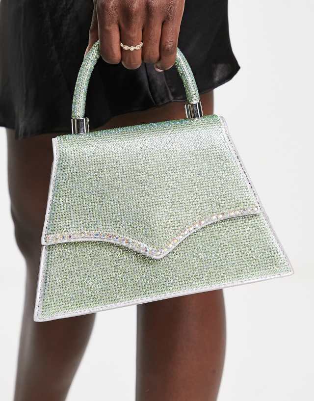 True Decadence mesh mini grab bag in green iridescent with rhinestone handle