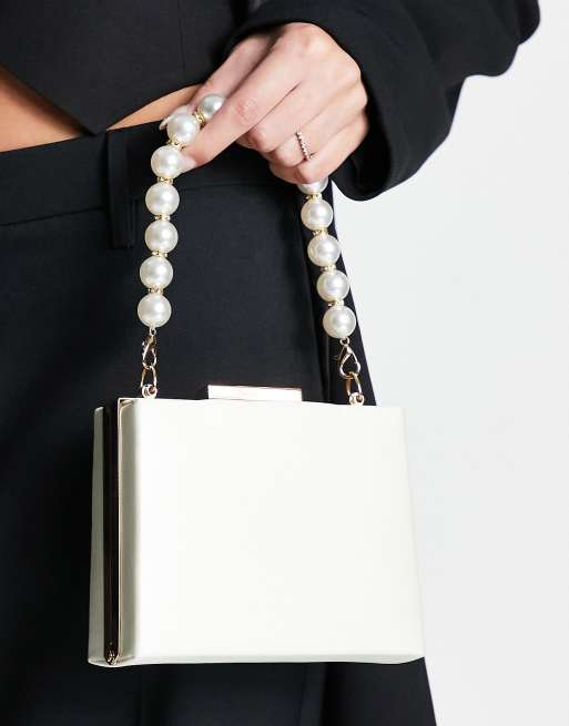 True Decadence Structured Box Clutch Bag in Silver Satin with Pearl Handle-White