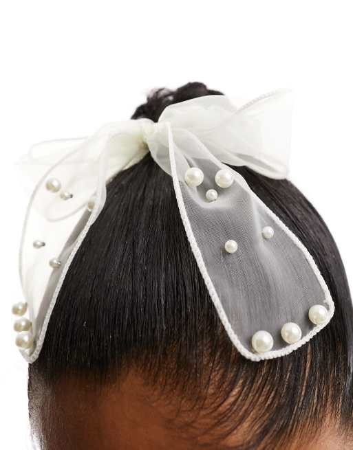 True Decadence - Nœud à cheveux en organza orné de perles - Blanc, 3 de 4