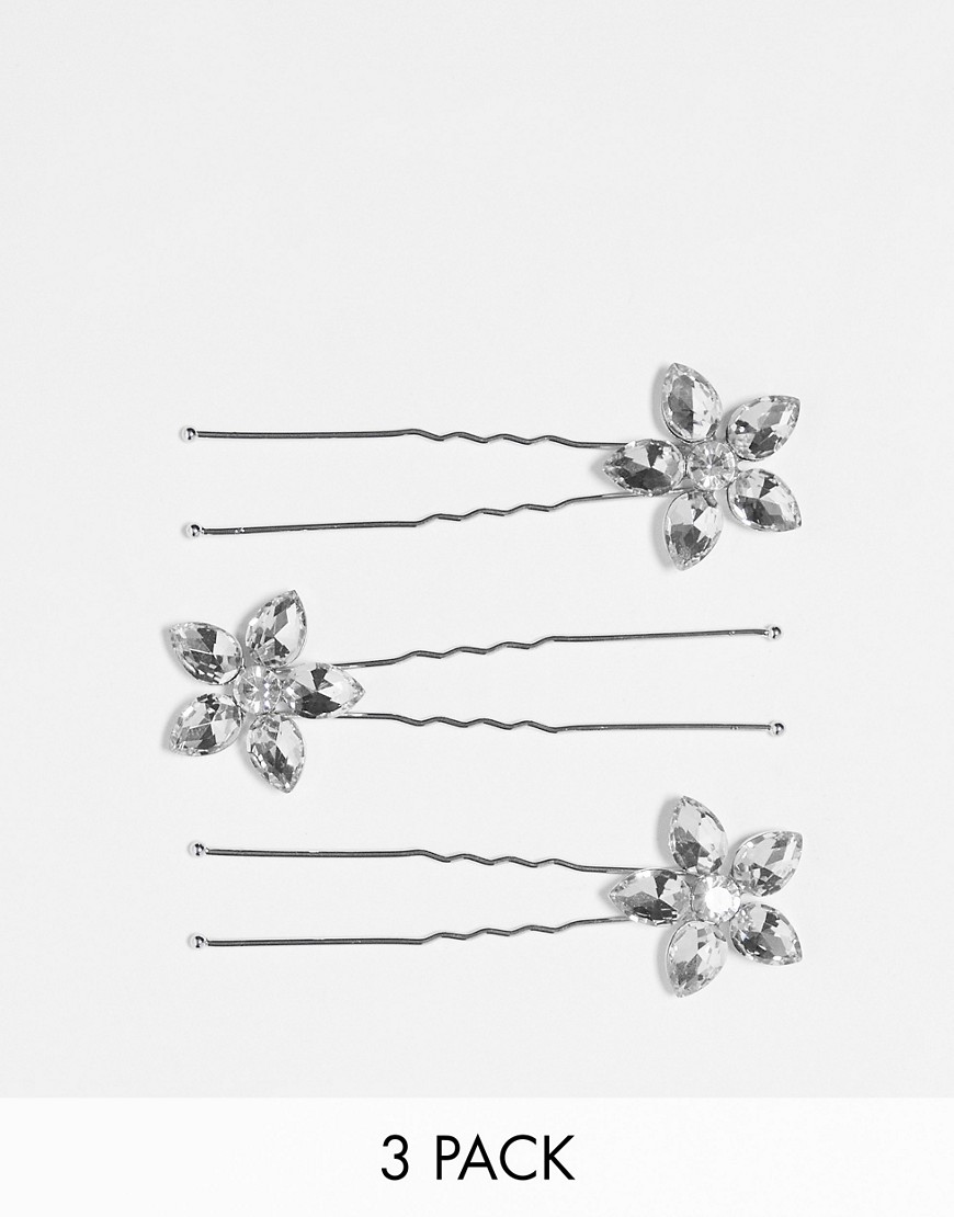 True Decadence Occasion Floral Hair Grips In Silver Crystal X 3