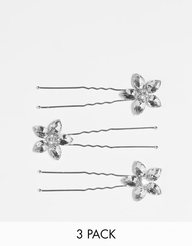 True Decadence occasion floral hair grips in silver crystal x 3