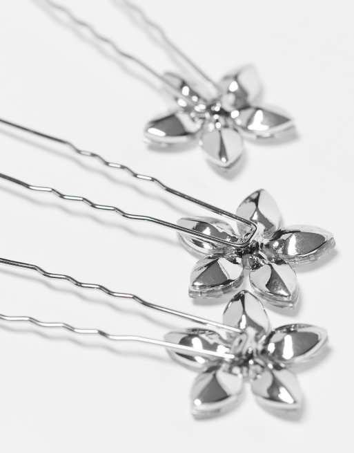 True Decadence occasion floral hair grips in silver crystal x 3, 2 of 4