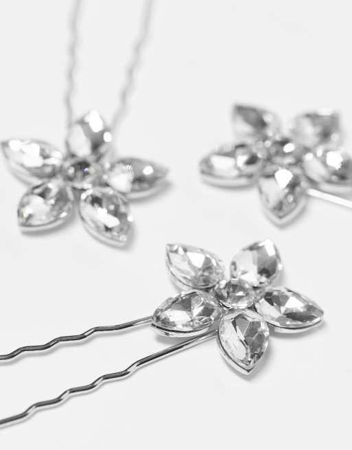 True Decadence occasion floral hair grips in silver crystal x 3, 3 of 4