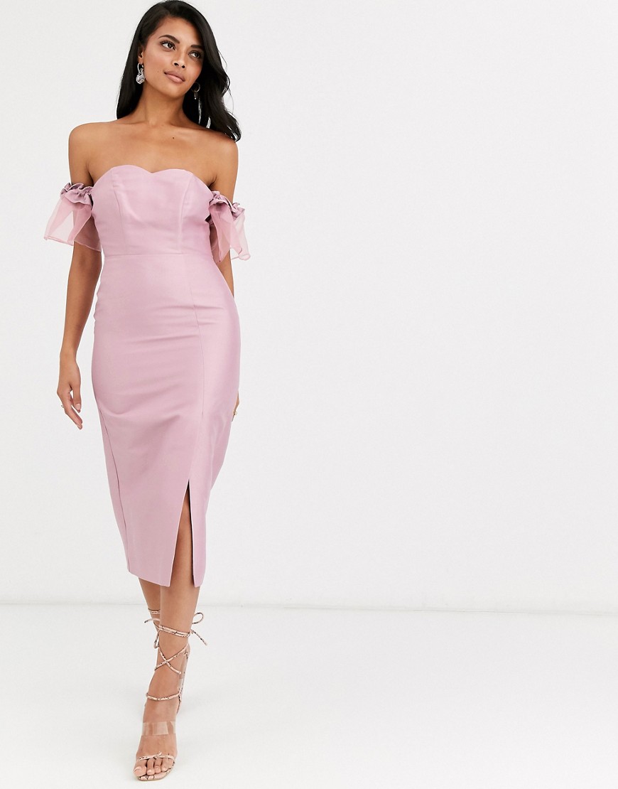 True Decadence off shoulder midi dress with statement organza sleeve in dusky pink