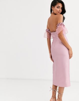 off the shoulder pink midi dress