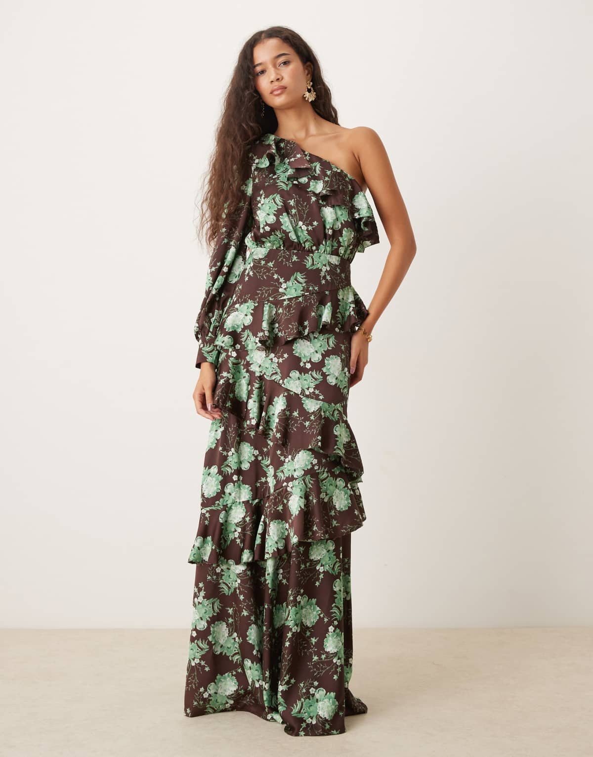 True Decadence One shoulder ruffled layered maxi dress in brown sage rose