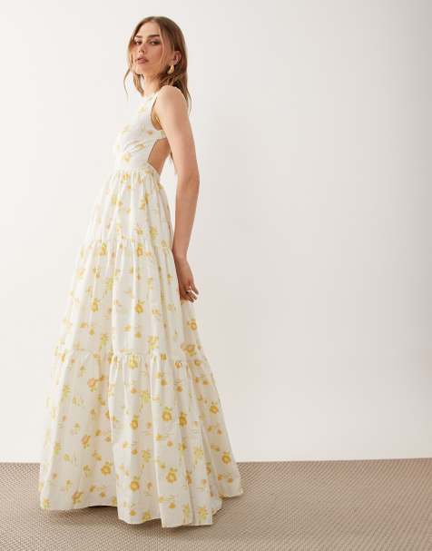 True Decadence Open back maxi dress in cream yellow flower
