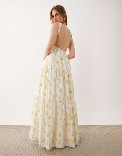 True Decadence Open back maxi dress in cream yellow flower, 4 of 4