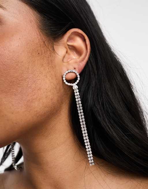 True Decadence - Orecchini a bottone color argento con pendente con strass