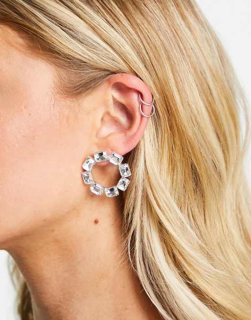 Orecchini Lunghi A Goccia Clip-On Con Strass Argento E Oro - Cerchio Pendente - Foto 5