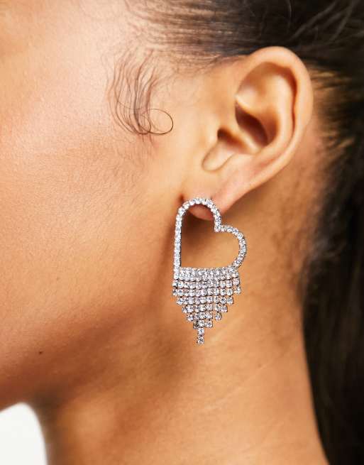 True Decadence - Orecchini pendenti color argento a cuore con strass 