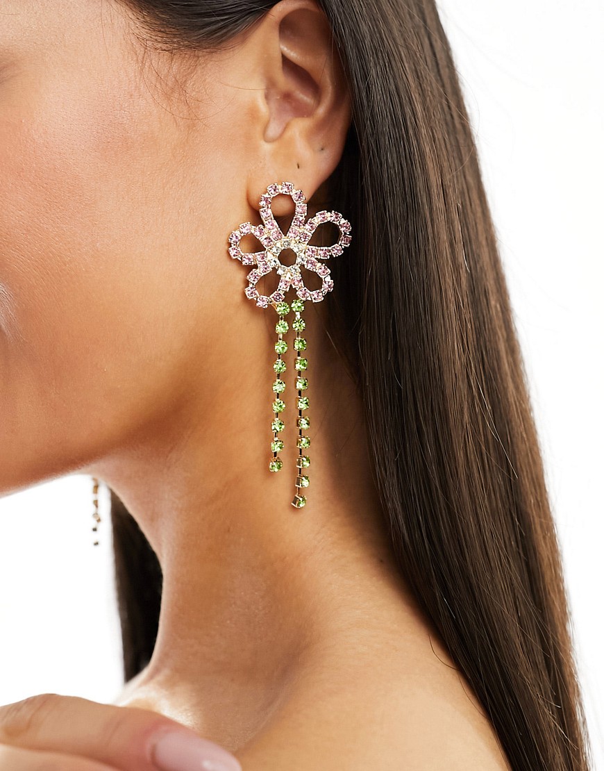 True Decadence oversized flower drop earrings in pink and green crystal-Multi