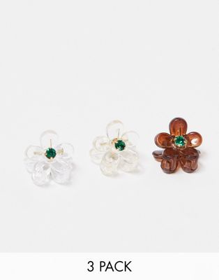pack of 3 flower hair clips in neutral-Gold