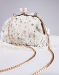 [True Decadence] True Decadence pearl and bead soft clutch bag in white No Size WHITE