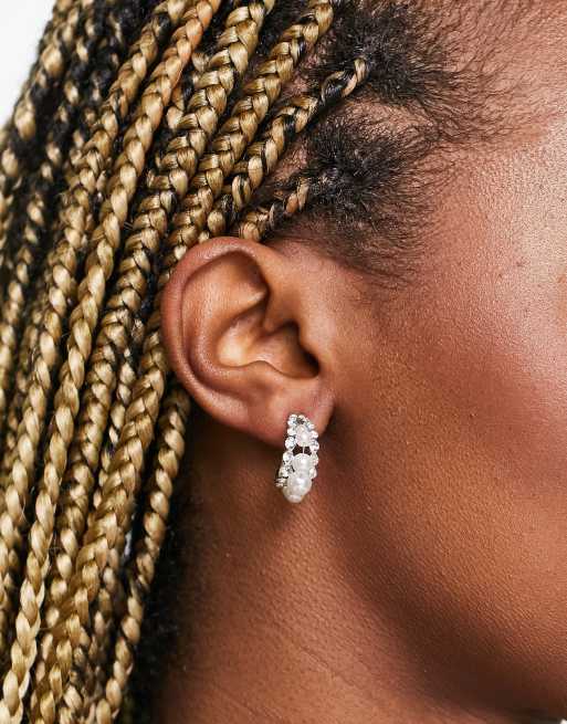 True Decadence pearl and crystal triple hoop earrings in silver