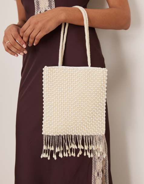 True Decadence pearl beaded bag with tassel in white - view 1