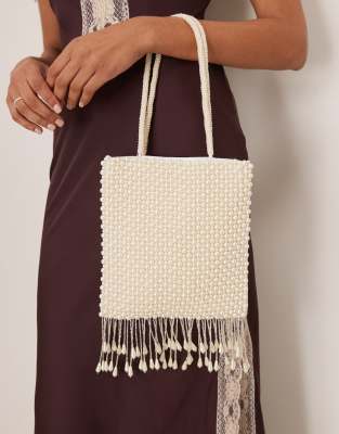pearl beaded bag with tassels in white