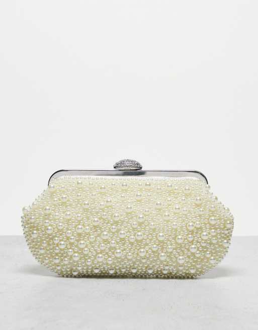 ASOS DESIGN pearl bead heart clutch bag in satin in white