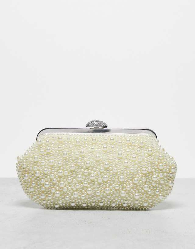 True Decadence pearl clutch bag with frame top in off white