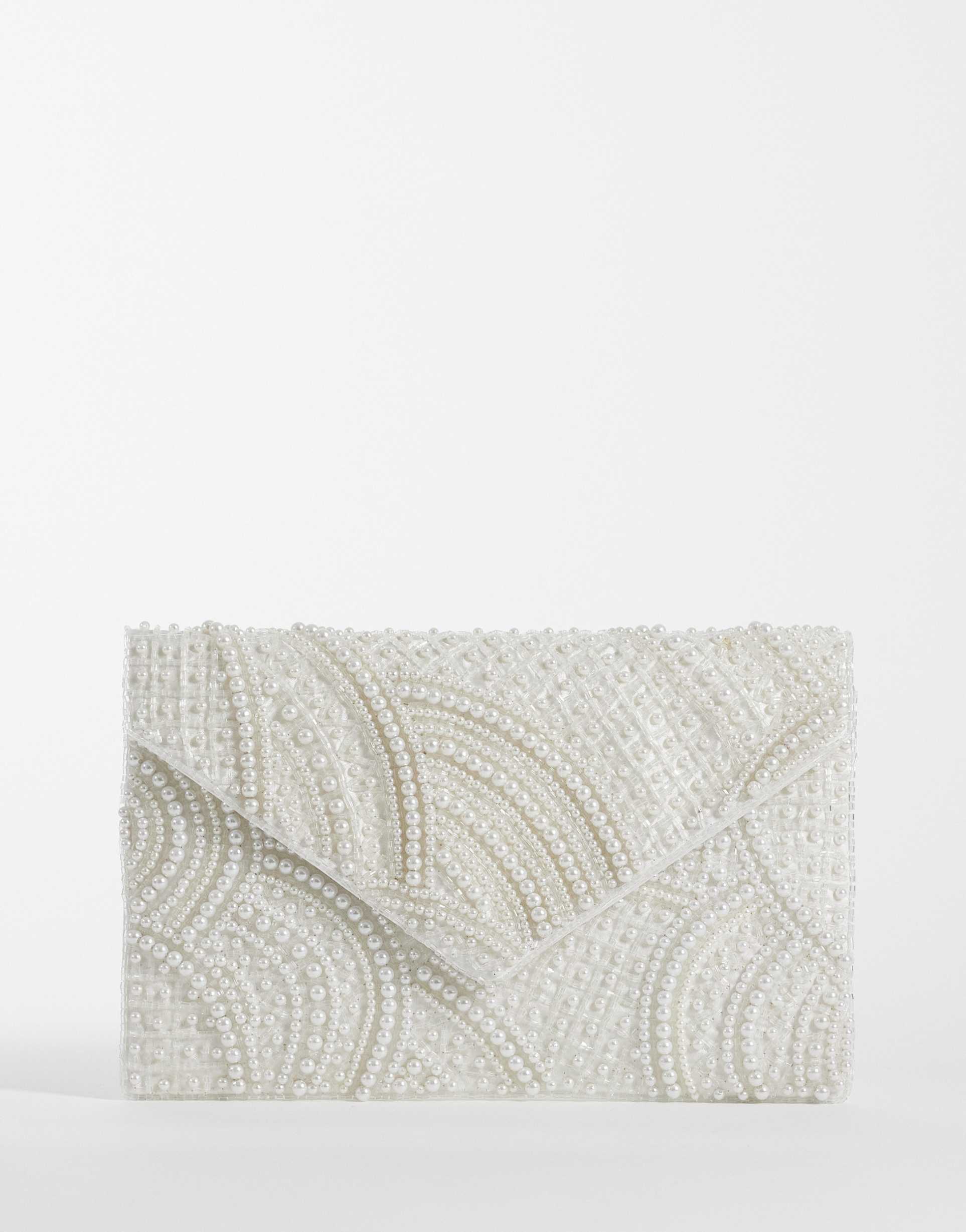 true decadence pearl detail envelope clutch bag in off white