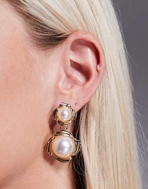 True Decadence pearl drop vintage style earrings in gold - view 1