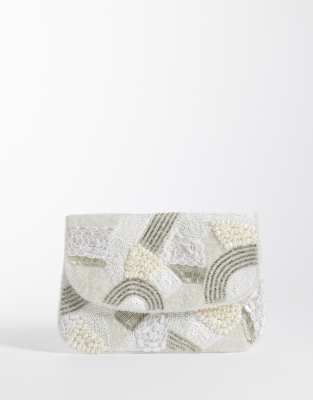 True Decadence pearl embellished envelope clutch in white