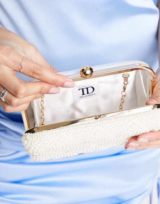 True Decadence embellished beaded envelope clutch bag in light gray