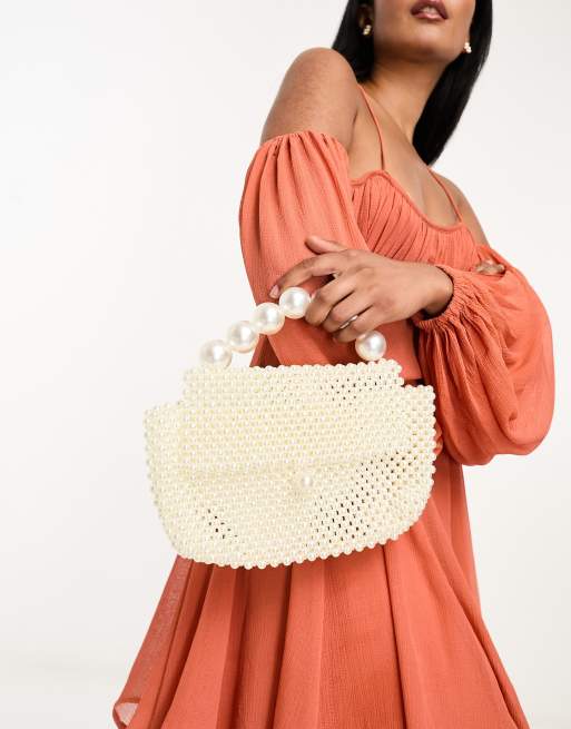 True Decadence + Heart Clutch Bag in Pink Satin with Pearl Handle