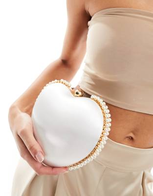 pearl trim heart clutch bag in white satin