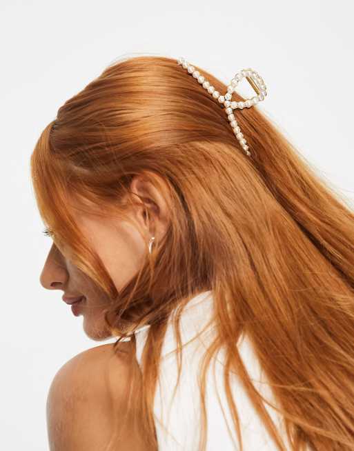 ASOS DESIGN hair claw clip with faux pearls in gold tone