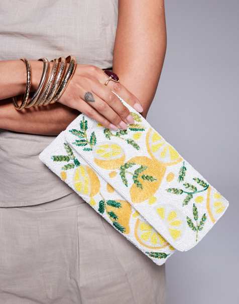 True Decadence – Perlen-Clutch in Weiß mit Zitronenmotiven in Gelb - view 1